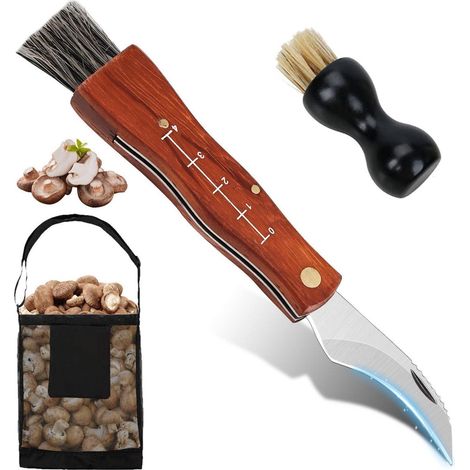 Pilzmesser Set mit Bürste und Pilzbeutel, Holzgriff, Klappmesser für Pilzsammler
