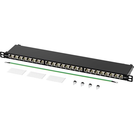 Panneau de brassage Cat7 24 ports - Montage en rack 19" 0,5 HE - Prises RJ45 - Panneau de distribution LSA - 10 Gbps Gigabit - 600 MHz - Shield STP - Noir (1/5)