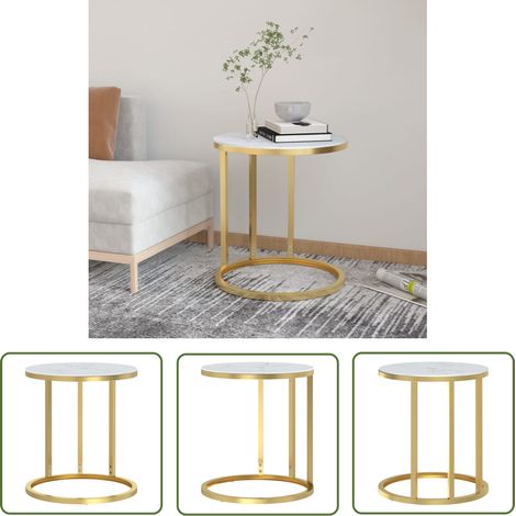 The Living Store Beistelltisch Golden und Weiße Marmor-Optik 45 cm Hartglas - Beistelltisch - Wohnzimmer Dekoration - Glasmöbel - Moderner Tisch - Couchtisch (1/5)