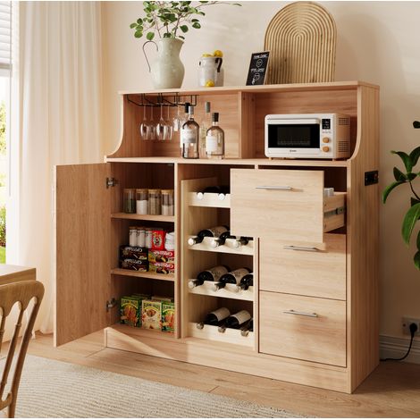 Credenza bar con LED, prese, portasospesi, portabottiglie e 3 cassetti, MDF (1/5)