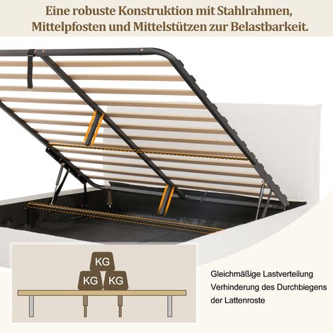Lit double 180x200cm, sommier hydraulique avec tête de lit rembourrée et grands espaces de rangement, tête capitonnée, pieds en bois massif, tissu bouclé blanc, lit fonctionnel à vérin. (1/5)