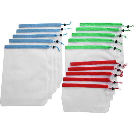 15 sacs filet à cordon réutilisables, 3 tailles, rangement jouets fruits légumes, pochette à provisions en maille (1/5)
