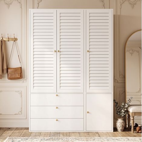 Armadio 3 ante a lamelle bianco 135x50x200 cm con 3 cassetti e 2 appendiabiti OKWISH (1/5)