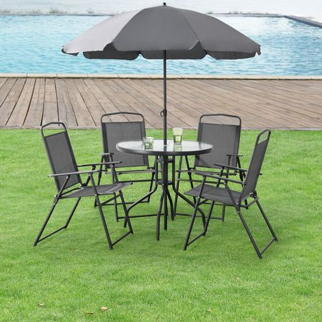[En.Casa] – Salon de jardin 4 places avec parasol – Table en verre trempé 70x80cm – Chaises pliables en aluminium noir – Protection UV SPF 30 (1/5)