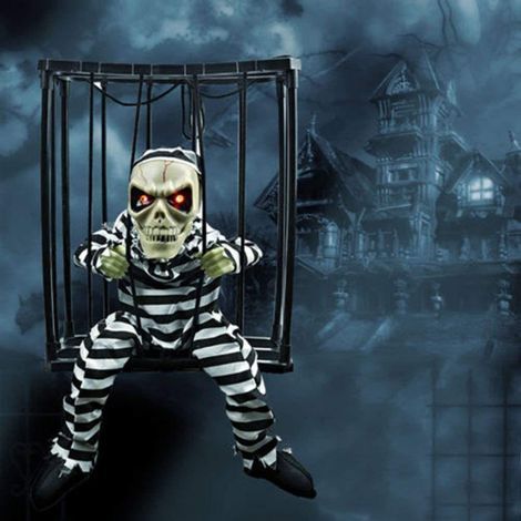 Décorations d'Halloween pour maison hantée : squelette animé effrayant hurlant, prisonnier dans une cage aux yeux lumineux.