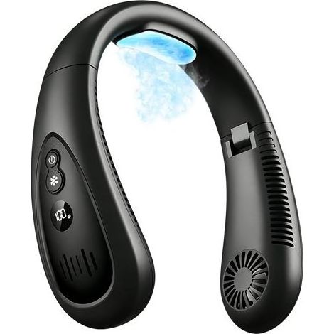 Climatiseur de cou,noir,ventilateur de cou rechargeable avec flux d'air de refroidissement semi conducteur,ventilateur portable avec batterie de 5000 mAh,3 vitesses,écran LED,ventilateur portable pour (1/5)