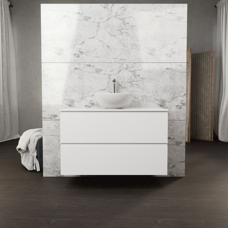 Inda - Badezimmerschrank B.100 mit Aufsatzwaschbecken / Mattweiß 2 Schubladen - Rubin