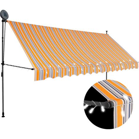 Store banne rétractable à commande manuelle, avec éclairage LED, 350 cm, jaune et bleu