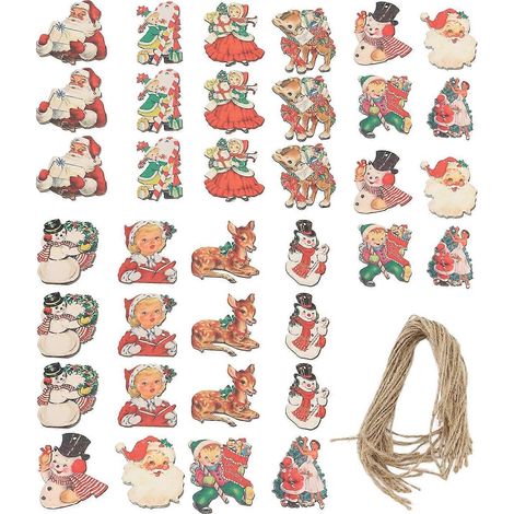 36-teiliges Set Weihnachts-Hängedekorationen mit Seilen, exquisite Schneemann- und Elch-Hängeornamente aus Holz für Weihnachten