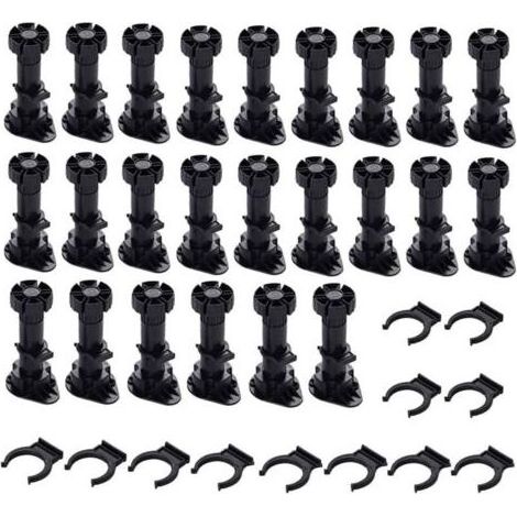 24 pieds Pieds D'Armoire Plastique,Pied de Meuble,Pied Réglable pour Meuble,Noir Pieds de Meuble Plastique avec Clip Fixation Base pour Meubles de Cuisine,Armoire et Canapé (120mm-150mm) (1/5)