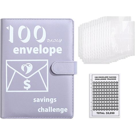 1 Classeur budget enveloppes, A5, cuir PU violet, 100 enveloppes, 8 compartiments cachés, porte-stylo, pour épargne familiale et gestion financière (1/5)