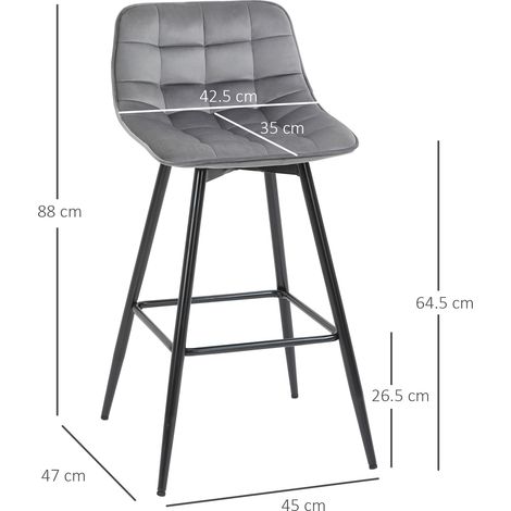 Ensemble de 2 tabourets hauts de style scandinave avec dossier et repose-pieds, en tissu aspect velours et dossier en métal, 45x47x88cm, gris. (1/5)