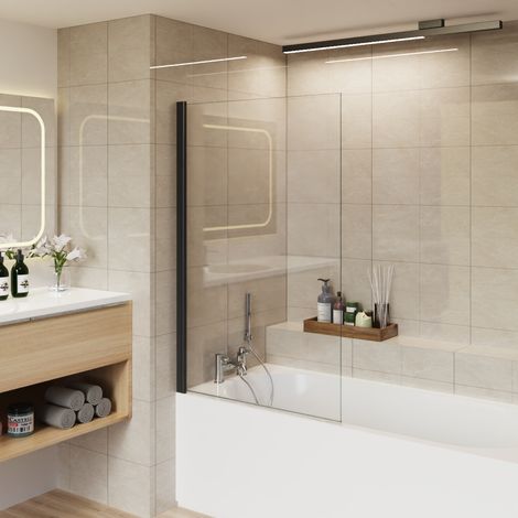 Aquariss 800x1400 Pivot Bath Shower Screen 6mm Easy Clean Glass Screen Reversible Door Panel Square Black
