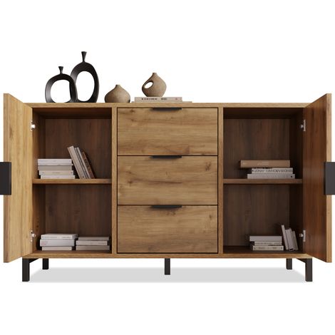 ELVMI Sideboard mit 2 Türen, 3 Schubladen und Verstellbarem Einlegeboden, für Wohnraum, aus Spanplatte, 120×40×76 cm, Dunkle Eiche (1/5)