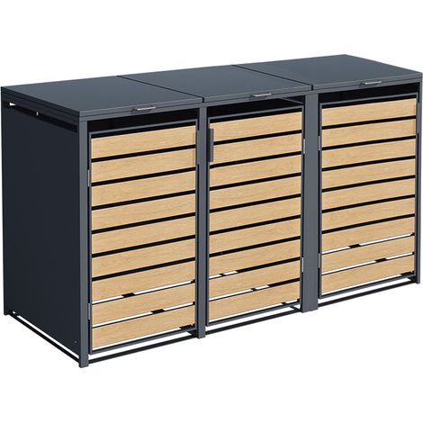 Mülltonnenbox - 3 Tonnen - Holz-Look-Metall - 3er-Mülltonnenverkleidung/Sichtschutz aus Stahl