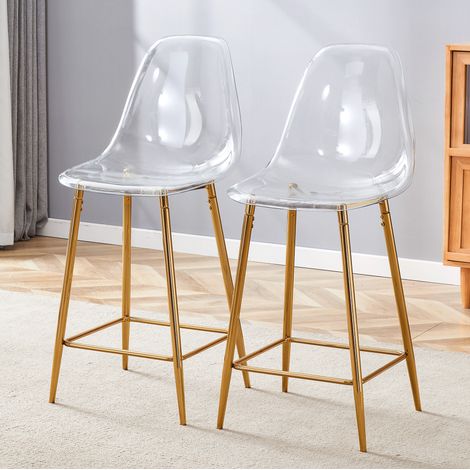 Set mit 2 transparenten Barhockern mit goldfarbenem Metallgestell (1/5)