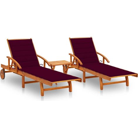 Lot de 2 Bains de soleil Chaises de jardin - Transat de jardin avec table et coussins Acacia solide BV991554 - BonneVie (1/5)