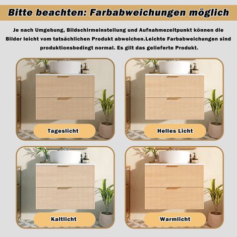 Meuble de salle de bain mural 60 cm avec vasque céramique ronde, façades de tiroirs aspect bois à rayures sobres, panneau MDF premium, grand rangement : 2 tiroirs + plan de travail (1/5)