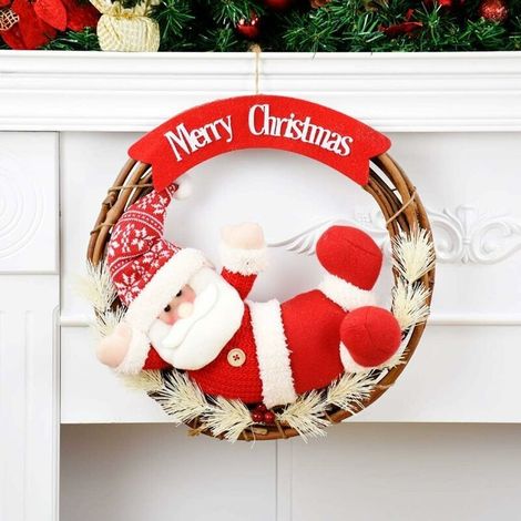 Décoration Suspendue de noël Guirlande de père noël Guirlande Ronde Cadeaux pour Le Nouvel an Couronne de noël en rotin Produits de noël (B,35CM)