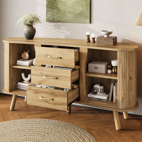 Aparador de cocina de 150 x 36,5 x 75 cm, mueble de almacenamiento con 2 puertas correderas y 3 cajones, MDF con vetas de madera oscura (1/5)