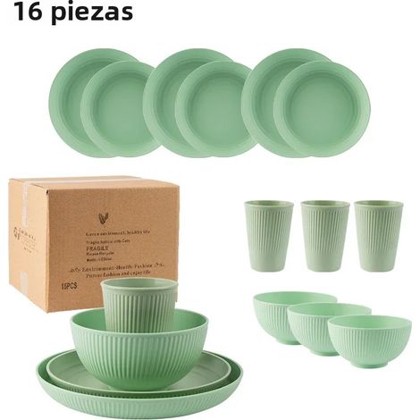 (Vert) Ensemble de couverts portables de style campagnard de 16 pièces, comprenant un couteau, une fourchette et une cuillère, fabriqué en plastique écologique. (1/5)