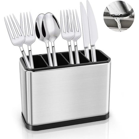 Portaposate, organizer per utensili, contenitore per posate a 4 scomparti con scolapiatti rimovibile, per organizzare forchette e cucchiai (1/5)