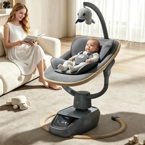 transat bébé électrique 180° réglable 3D, avec télécommande, 5 modes, 4 vitesses, 3 hauteurs de siège, 8 chansons d'apaisement, balancoire bébé 0-12 mois (coloris bois) (1/5)