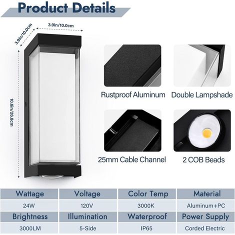 Applique murale extérieure LED 24W – 3000 lm, 3000K blanc chaud, IP65 étanche, design double abat-jour, lampe murale pour porche et façade