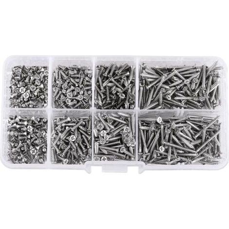 Kit de Vis Autotaraudeuses M2 en Acier au Carbone Nickelé – 800 Pièces Têtes Plates pour Travail du Bois avec Boîte de Rangement (1/4)