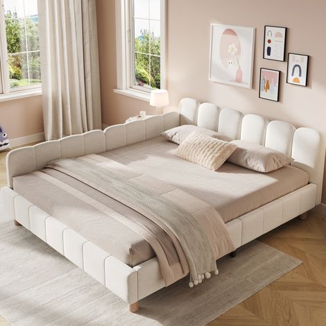 Cama infantil 140/200 cm de terciopelo beige con cabecero acolchado, laterales modulares y somier de lamas (1/5)