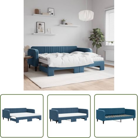 The Living Store Tagesbett Ausziehbar mit Matratzen Blau 90x200 cm Samt - Sofa - Schlafcouch - Gästebett - Tagesbett - Wohnzimmermöbel (1/5)