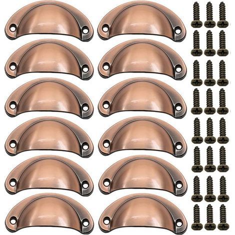 Set of 12 vintage shell handles for dressers and kitchen cabinets, half-moon shape, 8.1 cm x 3.5 cm, brushed red bronze (1/5)