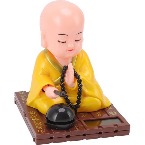 Kleiner, solarbetriebener buddhistischer Mönch, automatische Dekoration mit Lichterkennung, Nicken und Klatschen, gelb, für Büro, Zuhause, Auto. (1/5)