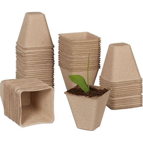 Macetas biodegradables para semilleros, práctico paquete de 50 unidades, cuadradas, 8 x 8 x 8 cm, macetas de papel para jardinería, naturales. (1/5)