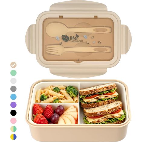 Grande contenitore per il pranzo Bento da 1400 ml per adulti e bambini, a tenuta stagna, con 3 scomparti e posate, adatto al microonde, ideale per la scuola e l'ufficio, 20×13,5×7 cm (Kachi) (1/5)