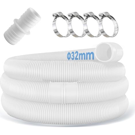 Lot de 2 tuyaux de piscine de 32 mm pour pompes de piscine avec 4 clips de sécurité et 1 raccord de tuyau, tuyau de piscine de 150 cm et 32 mm, pour pompe à filtre et piscine