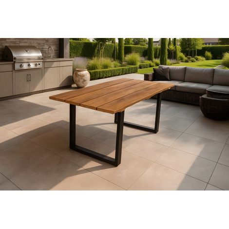 Gartentisch Outdoor massiv Teakholz 220 x 100 U-Gestell Metall schwarz BOGOTA (1/4)