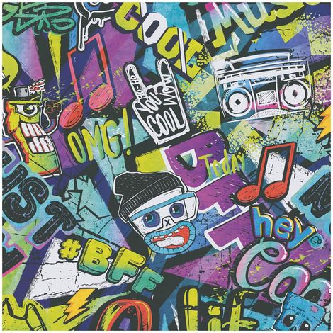 Children wallpaper wall Profhome 771421 non-woven wallpaper smooth graffiti matt blue black white green 5,33 m2 (1/5)