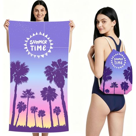 2 en 1, imprimé lettres, pliable et facile à ranger, séchage rapide double face en tissu éponge, serviette de plage, serviette de bain, 90 × 180 cm (1/5)