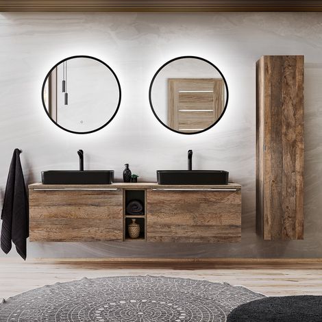 Badmöbel Komplett-Set in Vintage Oak Eiche PUEBLA-56 Spiegel mit LED-Beleuchtung, B/H/T 225/200/46 cm (1/5)