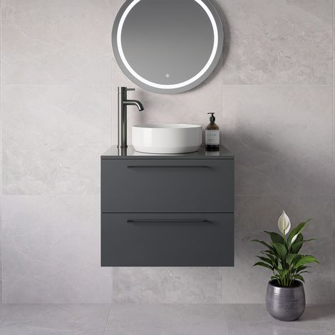 Napoli 460 Gloss Grey 600mm Wall Mounted 2 Drawer Vanity Unit for Countertop Basins - 600mm - Gunmetal Grey 320mm Handle