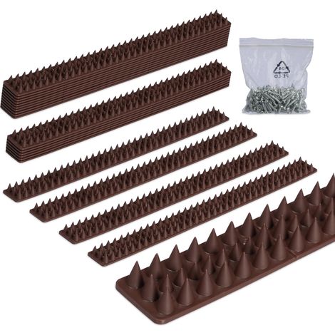 Relaxdays 20x Anti-Bird Spikes, Balcony & Roof, 3-row, Plastic, each Panel HWD: 2 x 49 x 4 cm, Pigeon Repellent, Brown