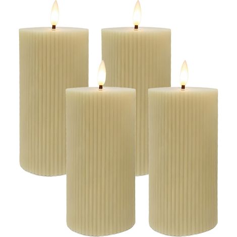Bougies LED Relaxdays, lot de 4, HxD 18x7,5 cm, flamme vacillante, cire véritable, rainurées, sans flamme, beige