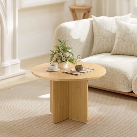 Table basse ronde en bambou - Ø66x45 cm - Table d'appoint fixe avec piétement en croix pour salon - Naturel (1/5)