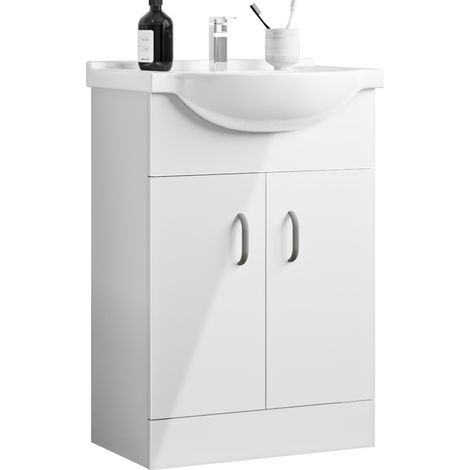 Freestanding Bathroom Vanity Unit with Basin Storage Cabinets Flat Pack - 650mm Gloss White (1/5)