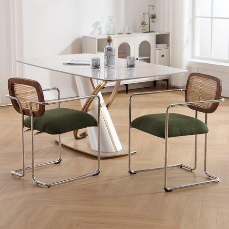 Wahson Lot de 2 Chaises en Lin, Chaises de Salle à Manger Moderne Chaise de Cuisine avec Dossier Osier, Pied Métal, Vert