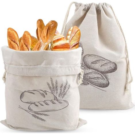 Sacs à pain réutilisables en lin - Lot de 2, 30 x 40 cm, pour pain, légumes et fruits, avec doublure intérieure en TPU et cordon de serrage. (1/5)