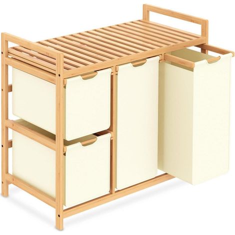 Wäschekorb 3 Fächer 150L Bambus Beige Wäschekorb mit Ablage (1/5)