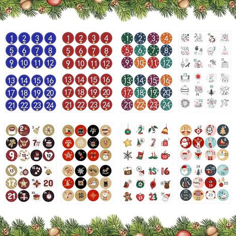Adesivi per calendario dell'Avvento, 8 x 24 adesivi natalizi con numeri per calendario dell'Avvento, adesivi natalizi con numeri, adesivi per calendario per regali fai da te, decorazioni natalizie (1/5)