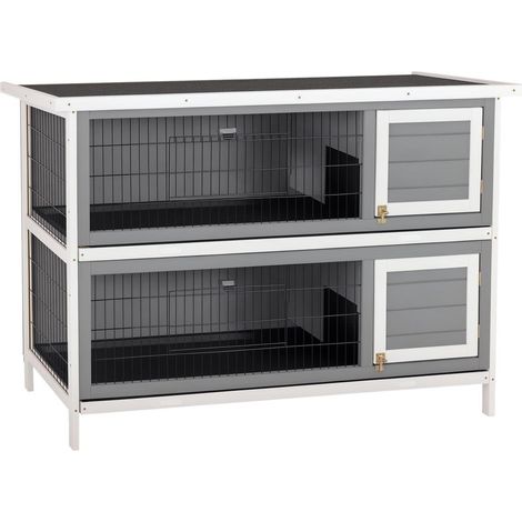 Pour lapins nains et cochons d’Inde, clapier facile à nettoyer avec plusieurs portes, double niveau en bois gris (1/5)